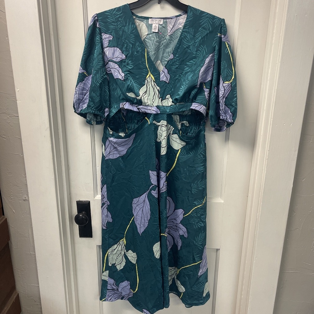 Sofia Vergara Dress Satin Jacquard Mid Calf Length Cutout Detail XL (16-18)